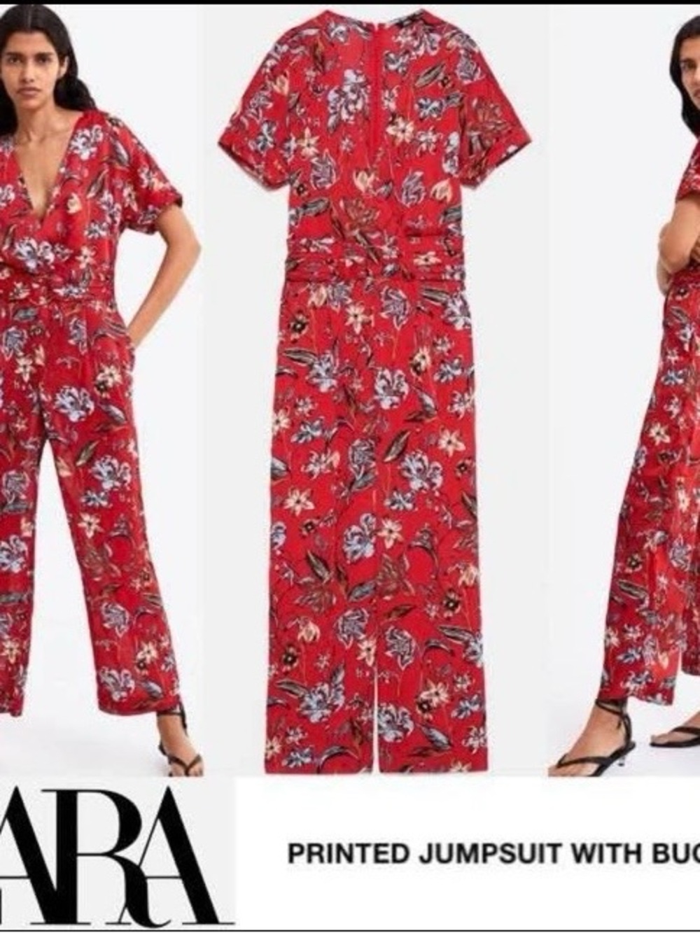 ZARA red floral V-neck belted jumpsuit